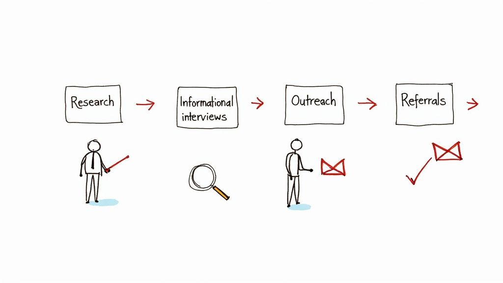 A person strategically connecting dots on a large map, representing building a professional network to find hidden jobs.