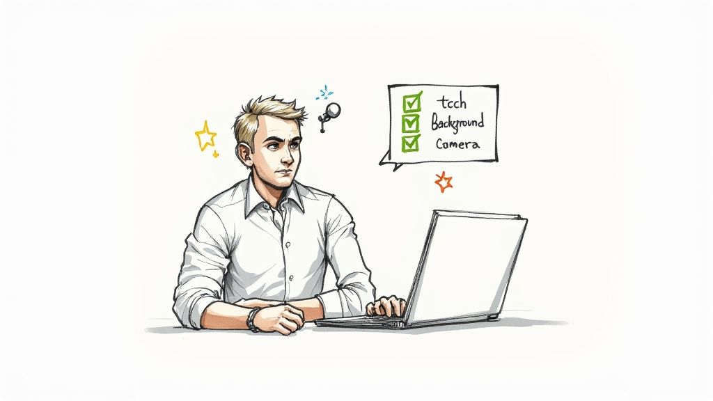 A professional person smiling confidently during a video call on their laptop in a well-lit home office.