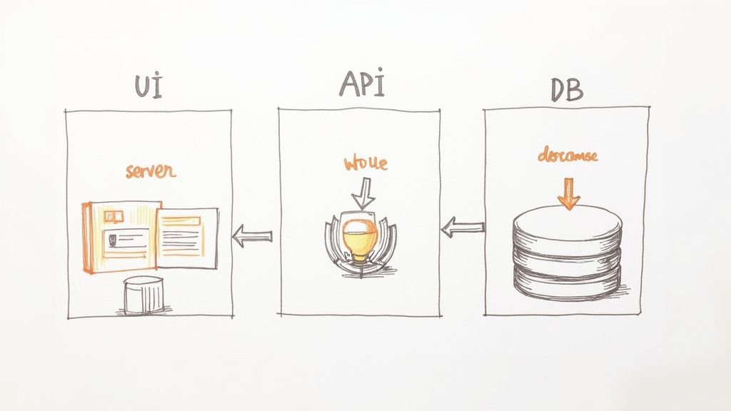 A developer brainstorming at a whiteboard, mapping out user interfaces, server logic, and database connections.