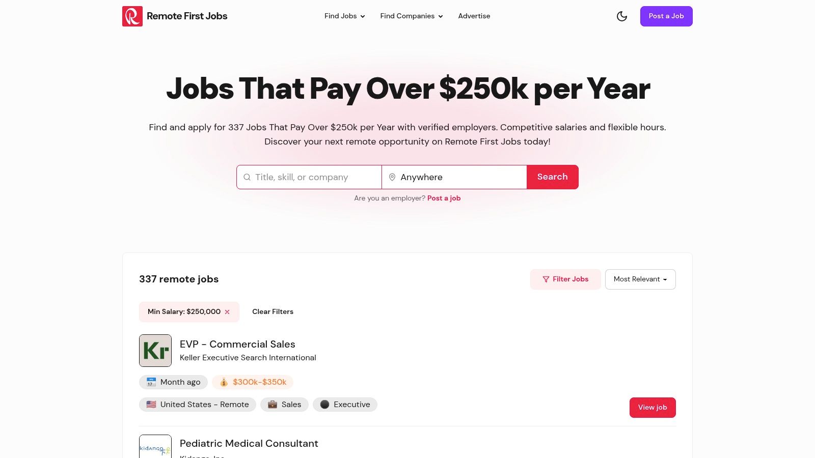 A screenshot of the Jobs That Pay Over $250k per Year website, showing a clean interface with job listings and filtering options.