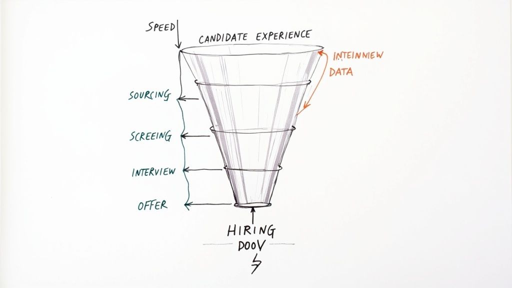 A team collaborating around a desk with laptops and documents, illustrating a streamlined recruitment process.