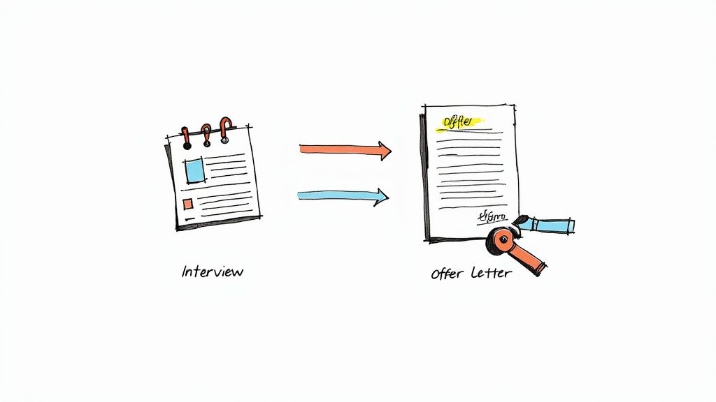 A person happily signing a digital contract on a tablet, symbolizing a streamlined offer stage.