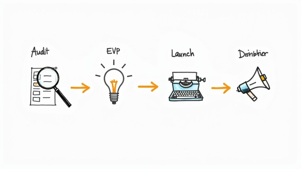 A team collaborating with sticky notes on a glass wall, planning their employer brand strategy.