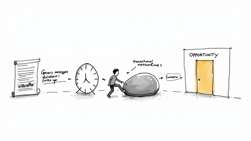 A person looking at a map with several dead-end paths, representing common job search mistakes.