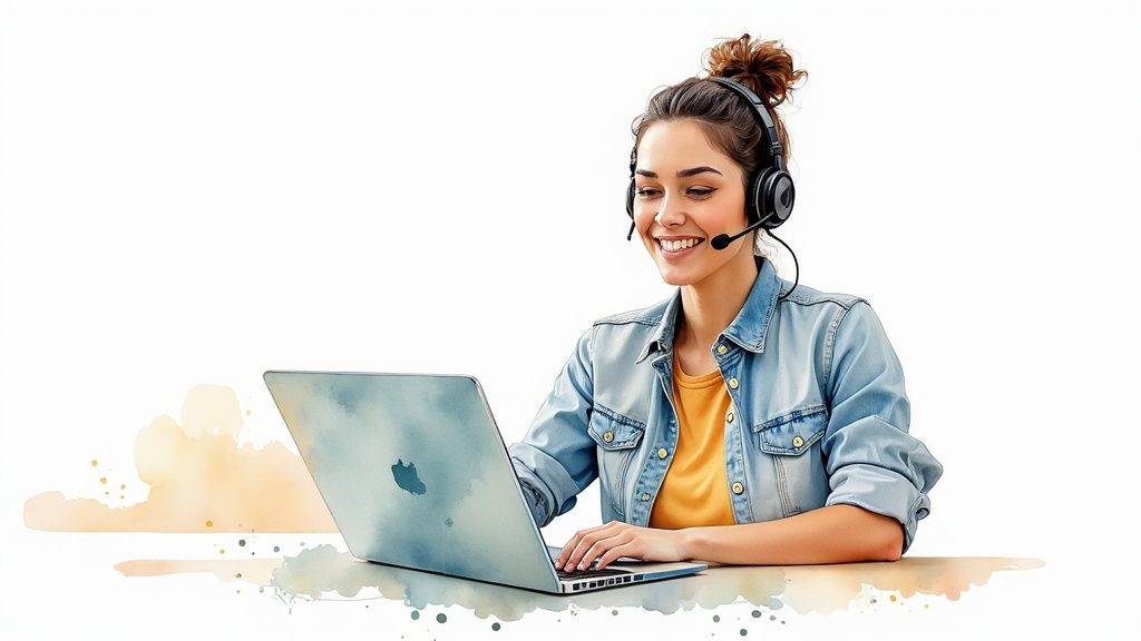 A person smiling at their desk with a plant, looking at a laptop, thriving in a remote work environment.