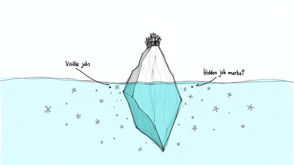 An iceberg with the small visible tip representing the public job market and the large underwater mass representing the hidden job market.