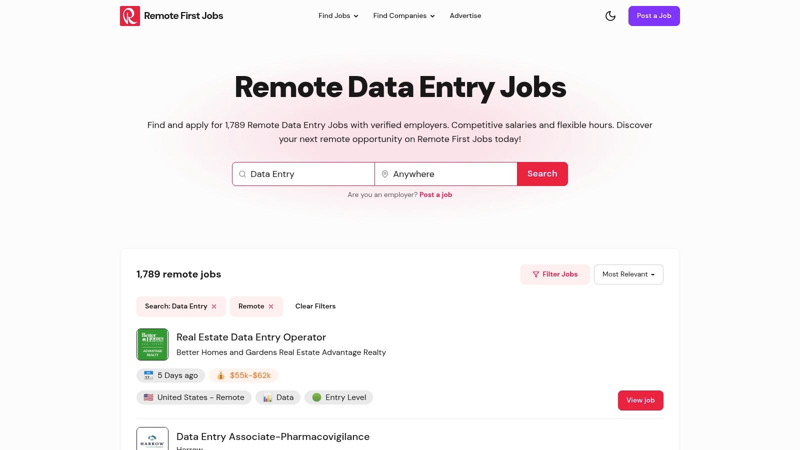 A screenshot of the Remote First Jobs website, showing a clean interface with a search bar and a list of remote data entry job postings.