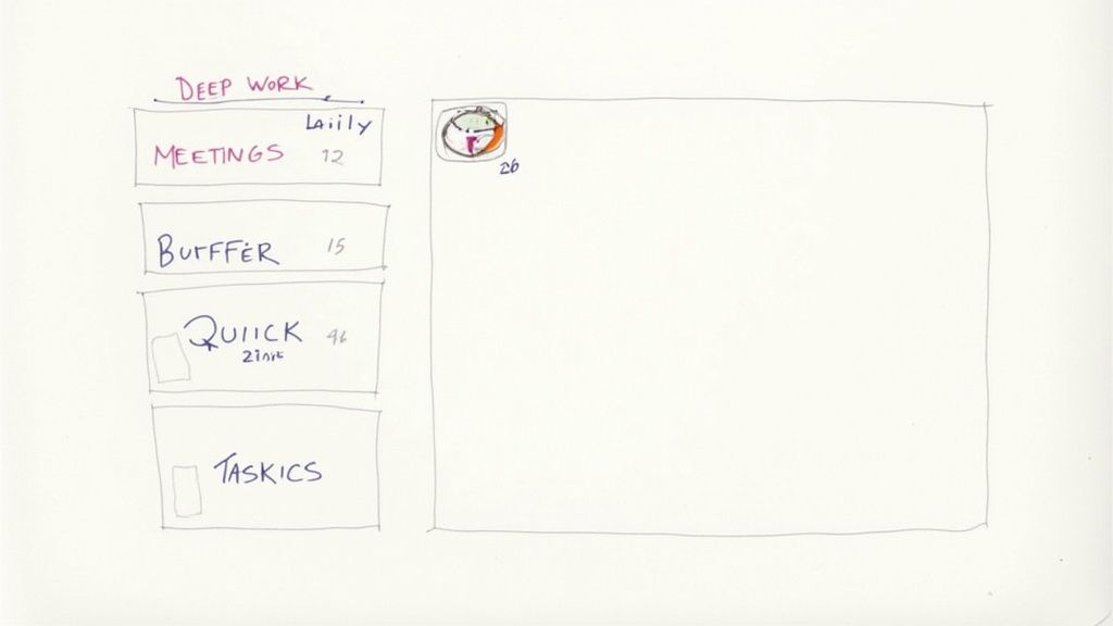 A calendar with specific tasks blocked out in different colors, representing a time-blocked schedule.