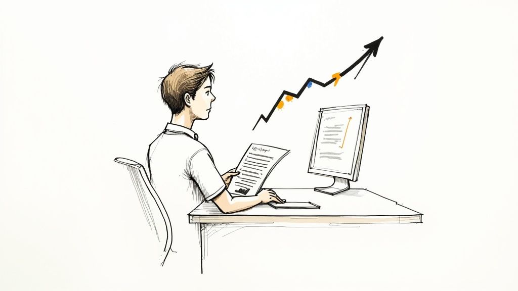 A group of professionals confidently discussing a contract in a modern office setting.