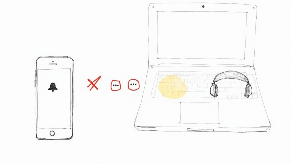 A person working at a clean desk with headphones on, signaling a state of focus