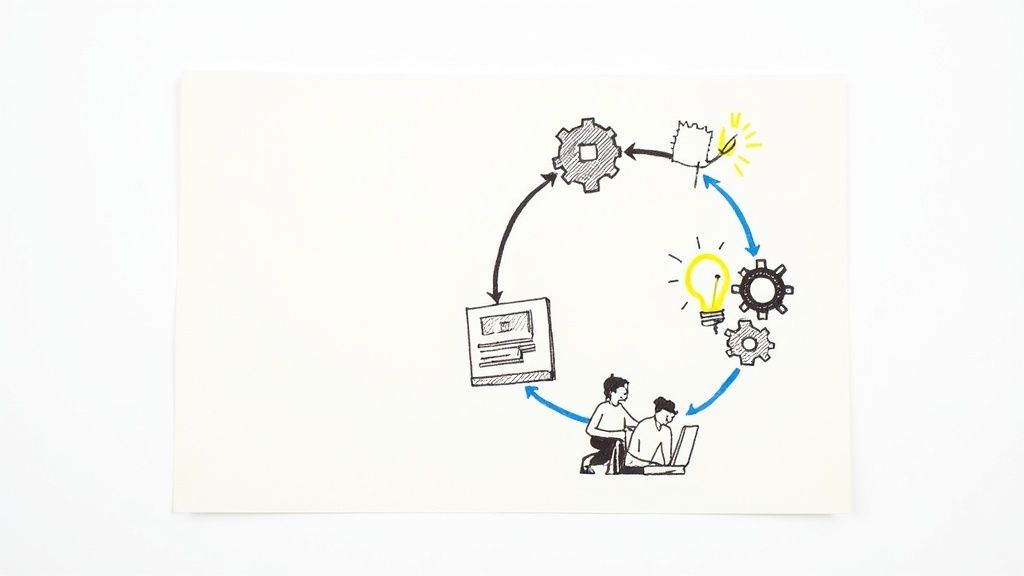 A team collaborating around a table with sticky notes, focused on improving their workflow.