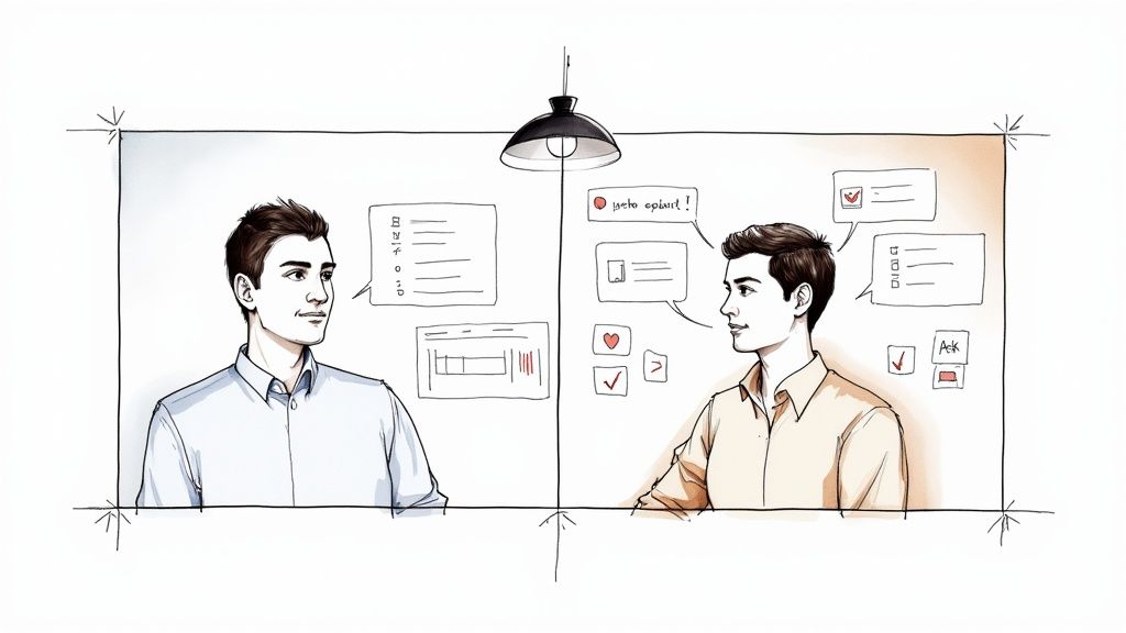 A person sitting at a clean desk during a video interview on a laptop, looking professional and engaged.