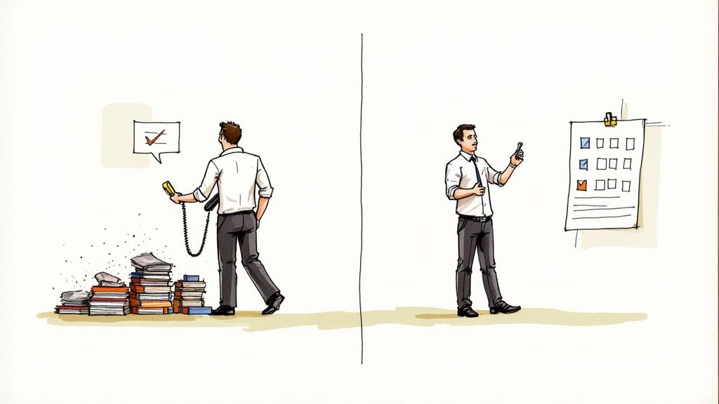 A person at a desk thoughtfully looking at a notepad, illustrating a proactive mindset at work.