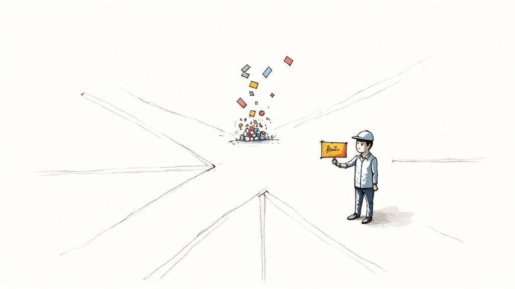 A person looking stressed, sitting in front of a laptop with numerous arrows pointing at them, symbolizing overwhelming requests and distractions.