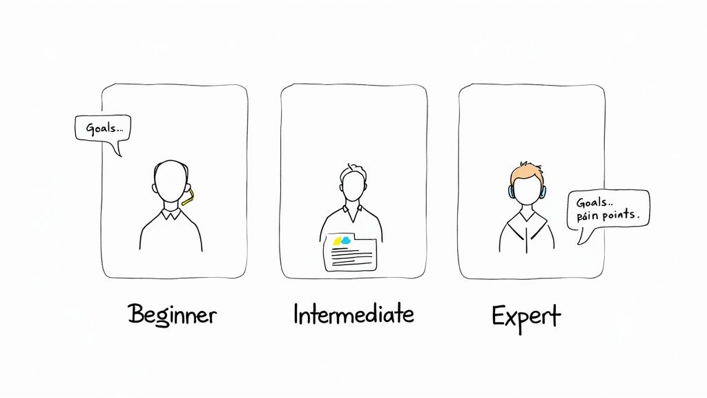 A person at a desk surrounded by sticky notes, planning out user personas and documentation goals.