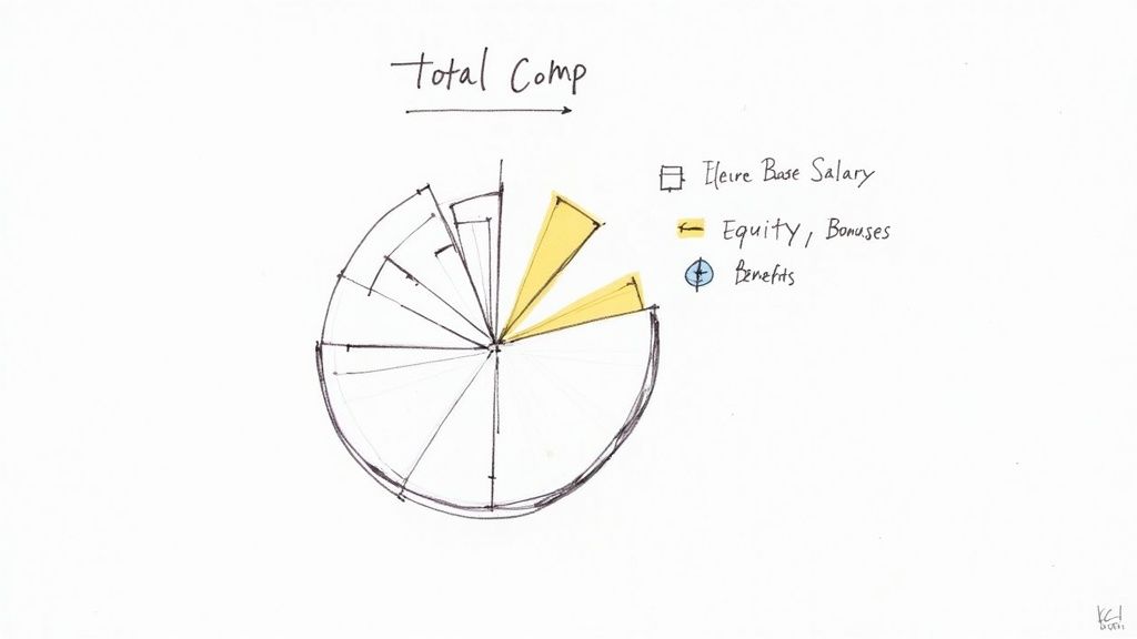 A collage of images representing different compensation elements: a stock chart, a benefits icon, and a bonus payment slip.