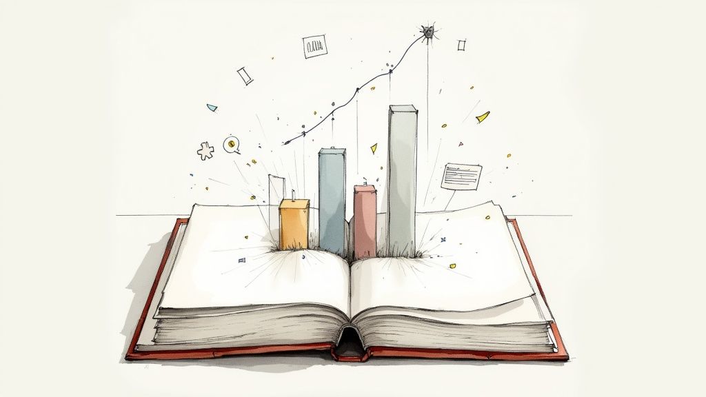 A person pointing at a screen with a well-designed data portfolio, showing graphs and key insights.