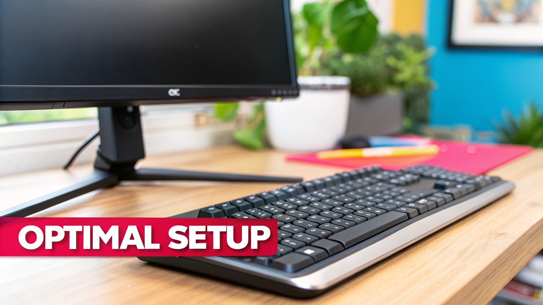 A well-organized ergonomic home office setup with a focus on monitor and desk height.