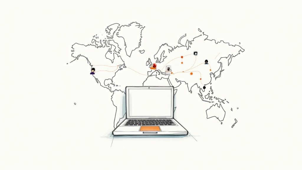 A person working comfortably on a laptop in a well-lit home office, symbolizing the new world of remote work.