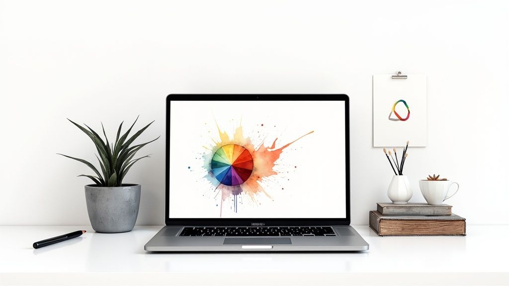A person working on a laptop in a cozy, well-lit room, focused on their design work.