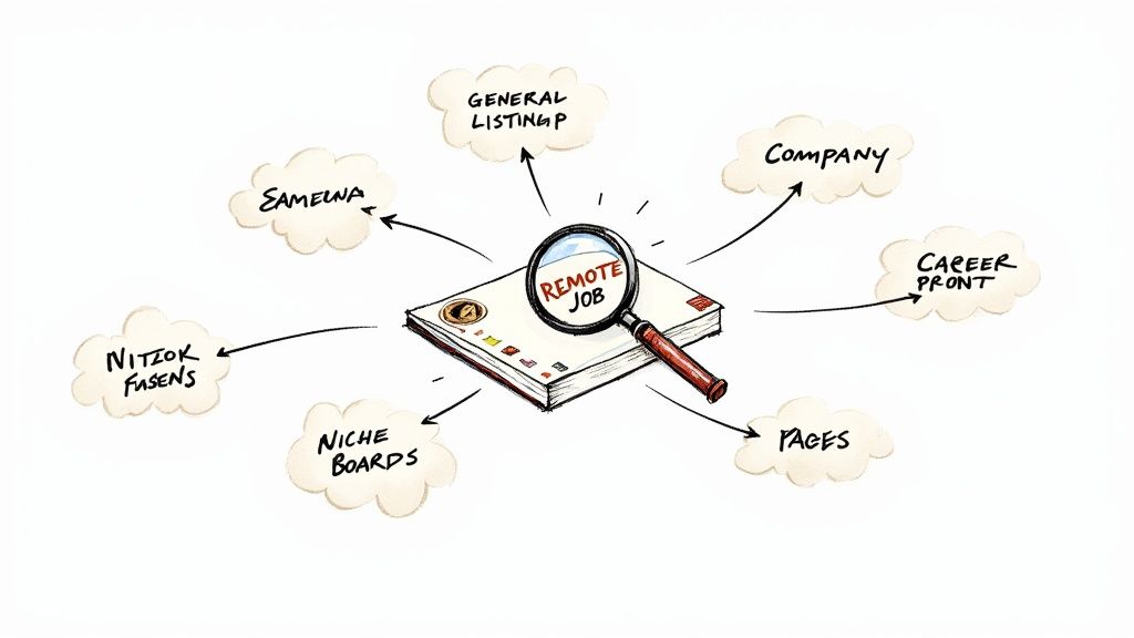 A focused individual working on a laptop with a world map graphic in the background, signifying the global reach of remote work.