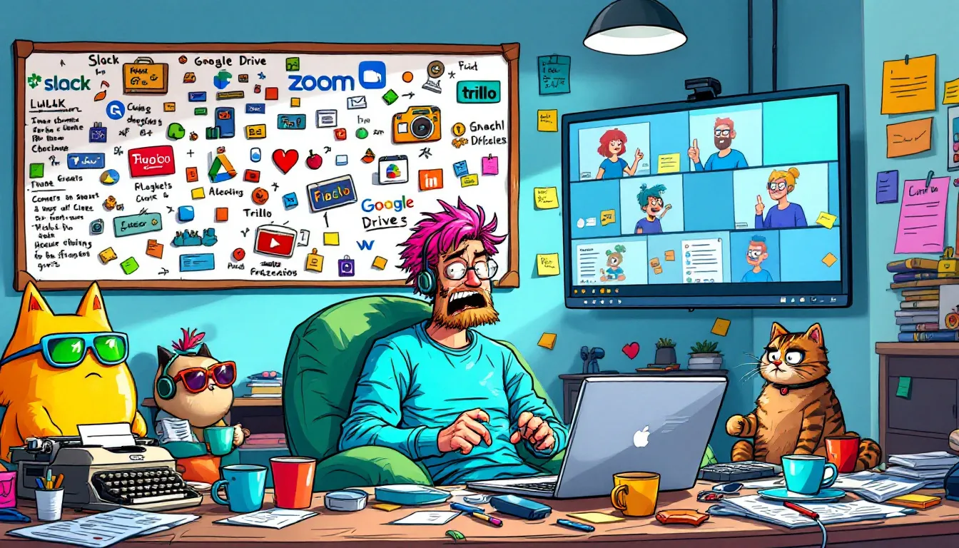 Essential tools for remote work including a laptop and software applications.