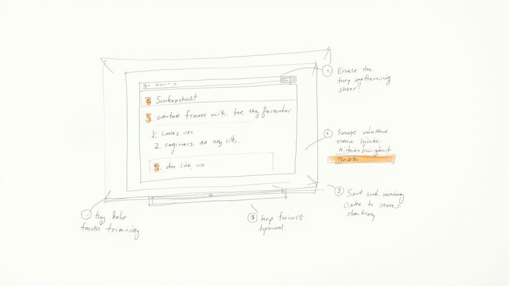 A person writing at a desk, with icons representing clarity and helpfulness, like a lightbulb and checkmark.