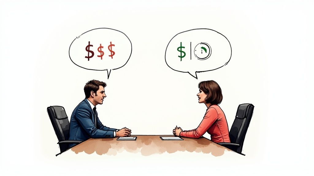 A confident professional is on a video call, calmly discussing terms while looking at notes.