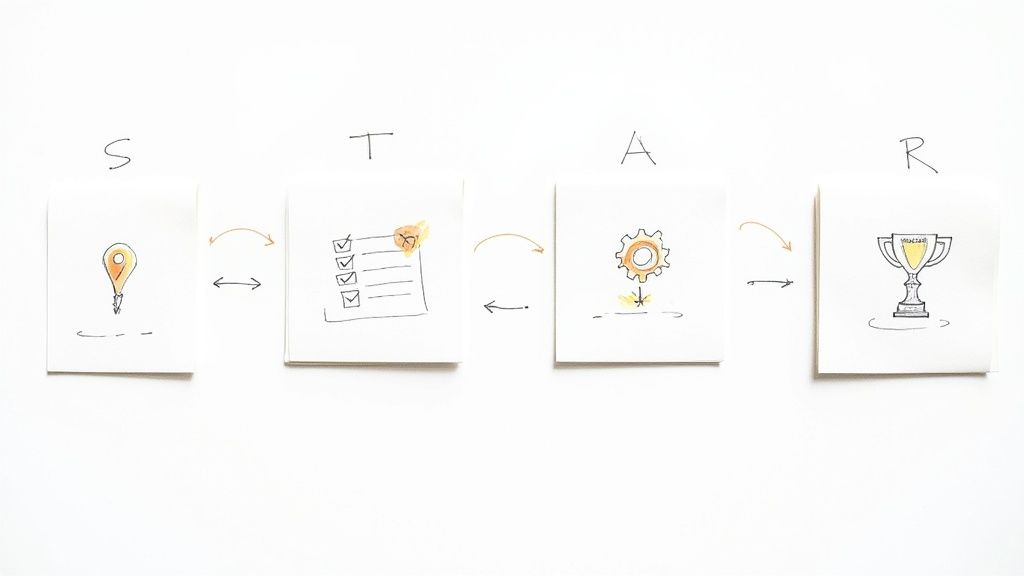 A graphic organizer showing the STAR method with Situation, Task, Action, and Result.