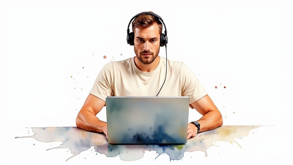 A designer working at a desk with two monitors, looking thoughtful and engaged.