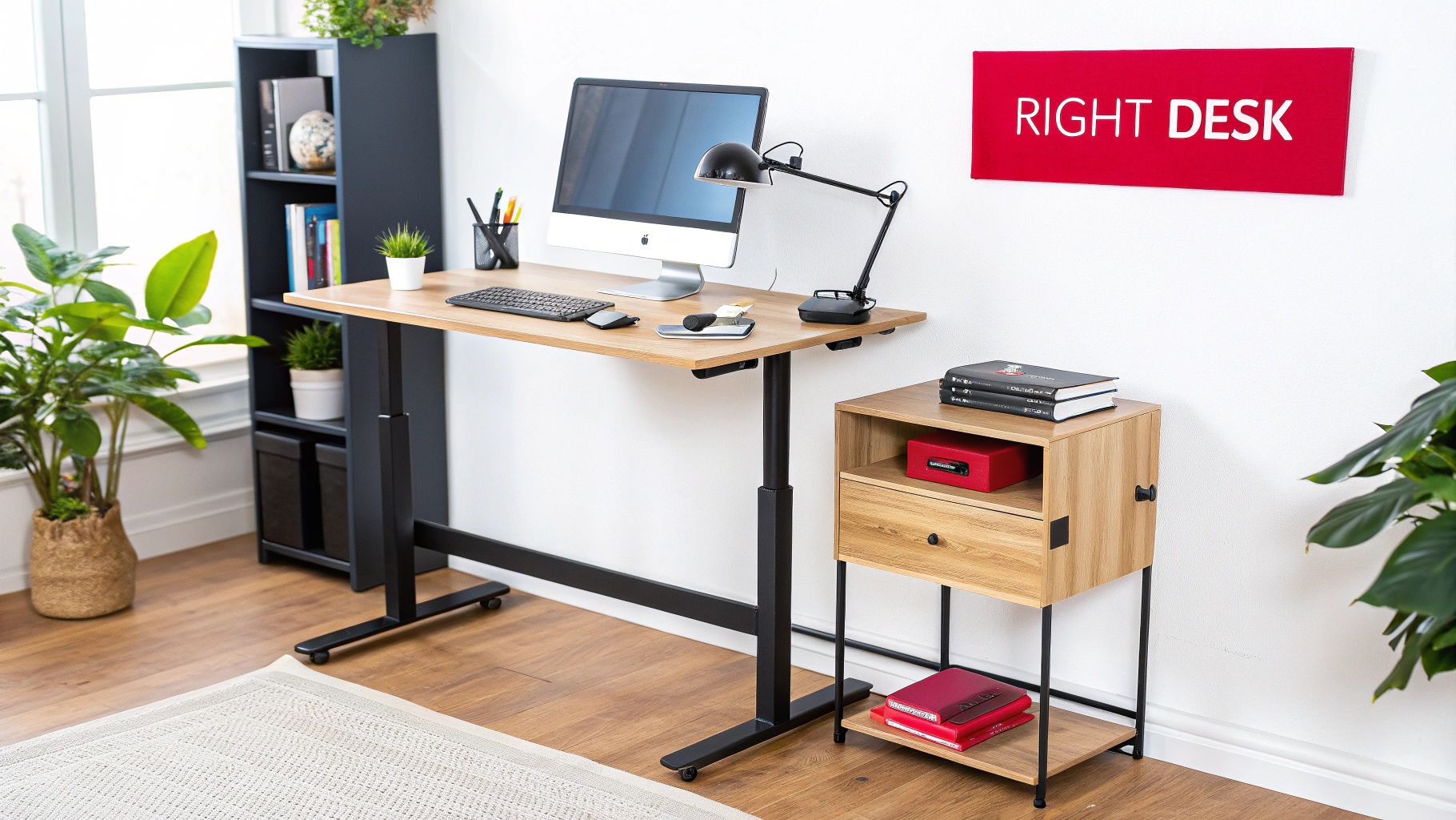 Woman experiencing neck pain while working at a poorly set up home office desk