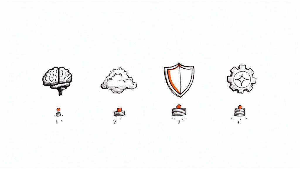 A software engineer looking at a screen with complex data visualizations representing different tech stacks.