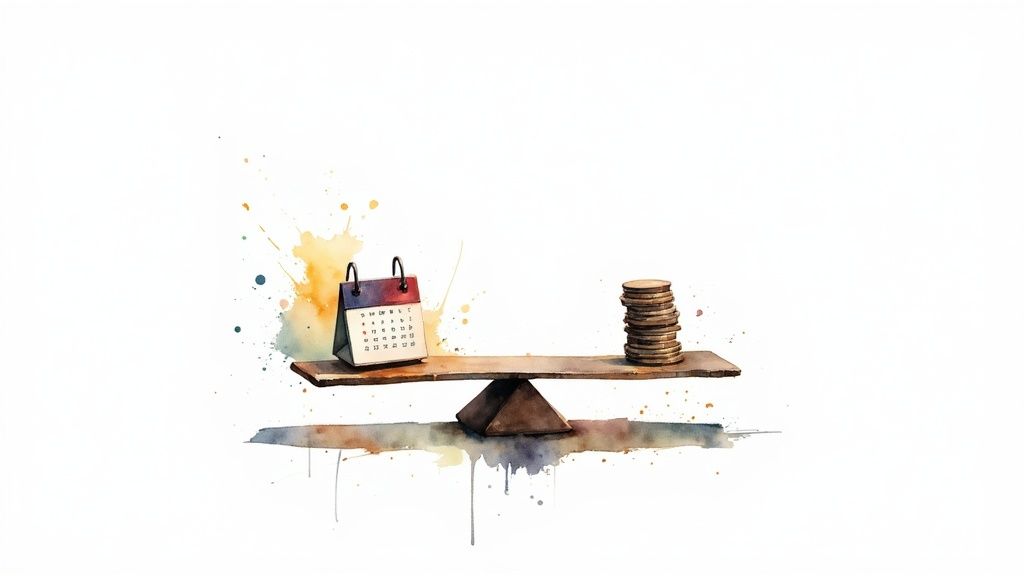 A person sitting at a desk with a calculator and papers, looking thoughtful, representing the financial planning required for contract work.