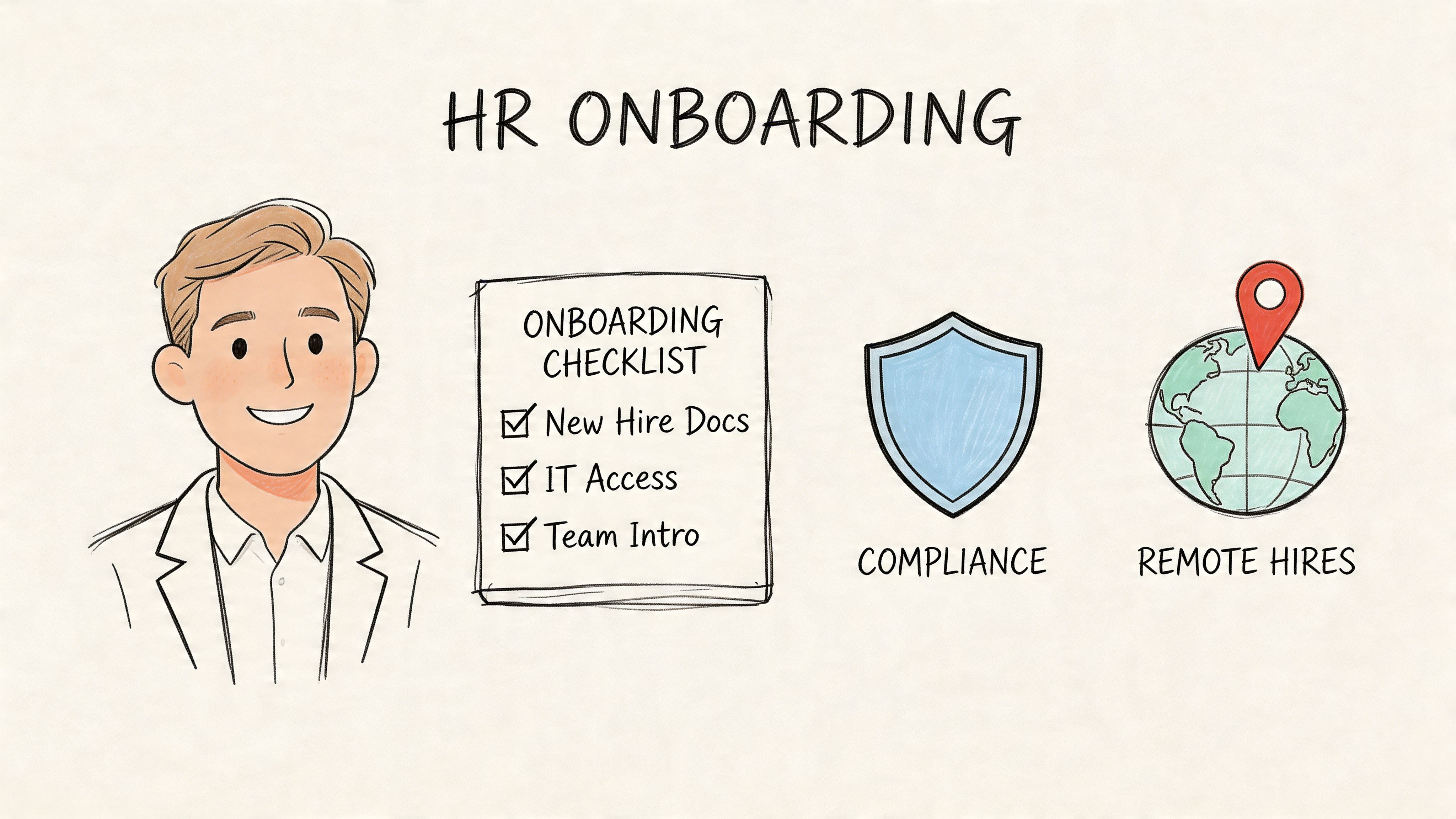 A professional HR onboarding illustration featuring a smiling employee, a task checklist, a shield, and a globe icon.