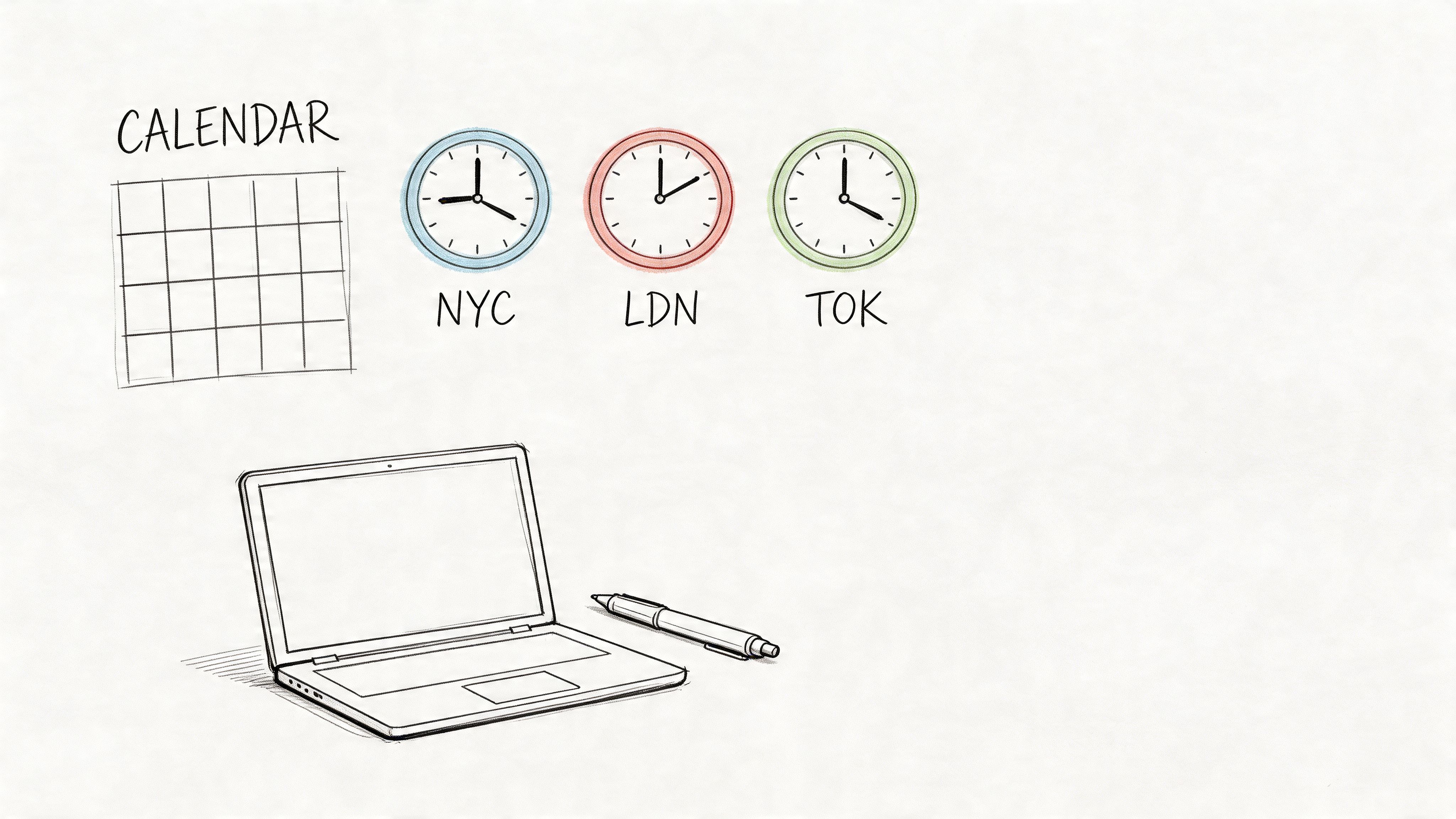 A hand-drawn illustration showing a calendar, three international clocks, a laptop, and a pen on a desk.