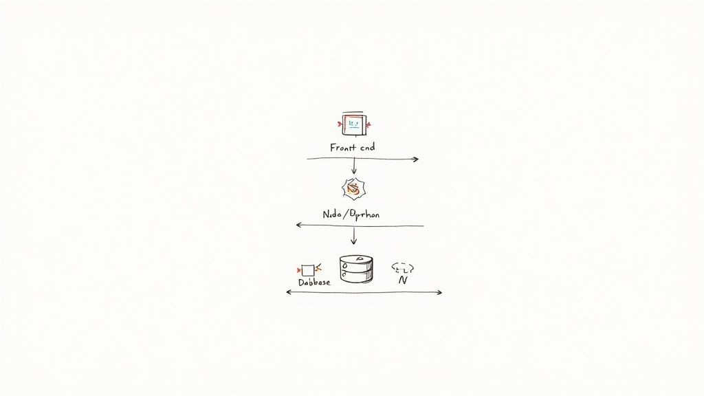 A split-screen view showing front-end code (React), back-end code (Node.js), and a database schema (PostgreSQL), representing the complete skill set of a full stack developer.