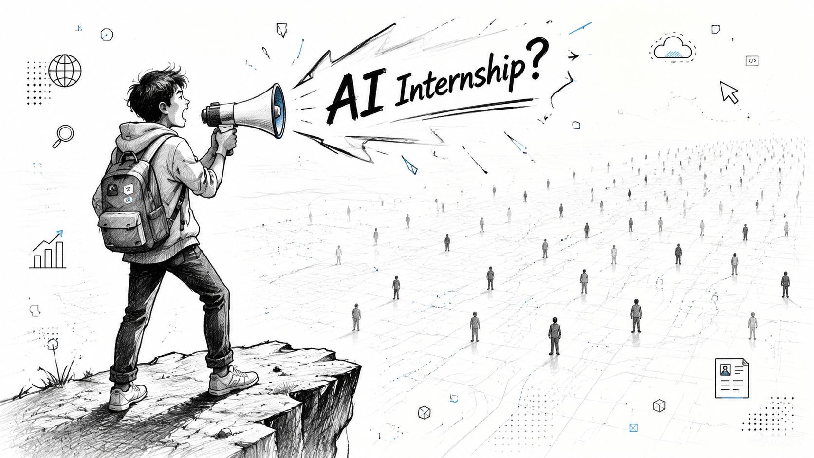 A student standing on a cliff edge calling out into a crowd about an AI internship opportunity.
