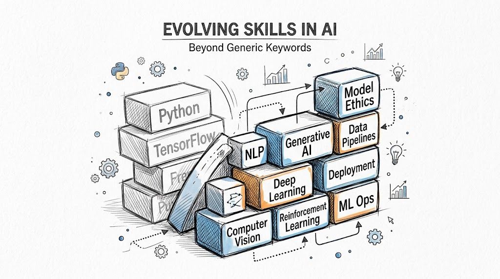 A conceptual diagram showcasing various evolving skills for AI engineers, illustrated as stacked blocks.