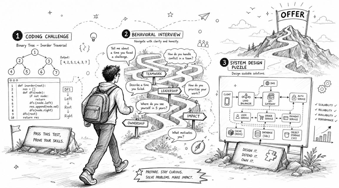 A hand-drawn illustration depicting the steps to secure an AI engineer internship, including coding, behavioral, and system design interviews.