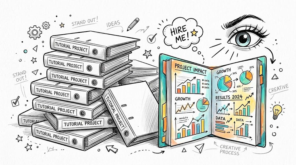 A creative illustration featuring a stack of tutorial project binders next to an open book of data charts.