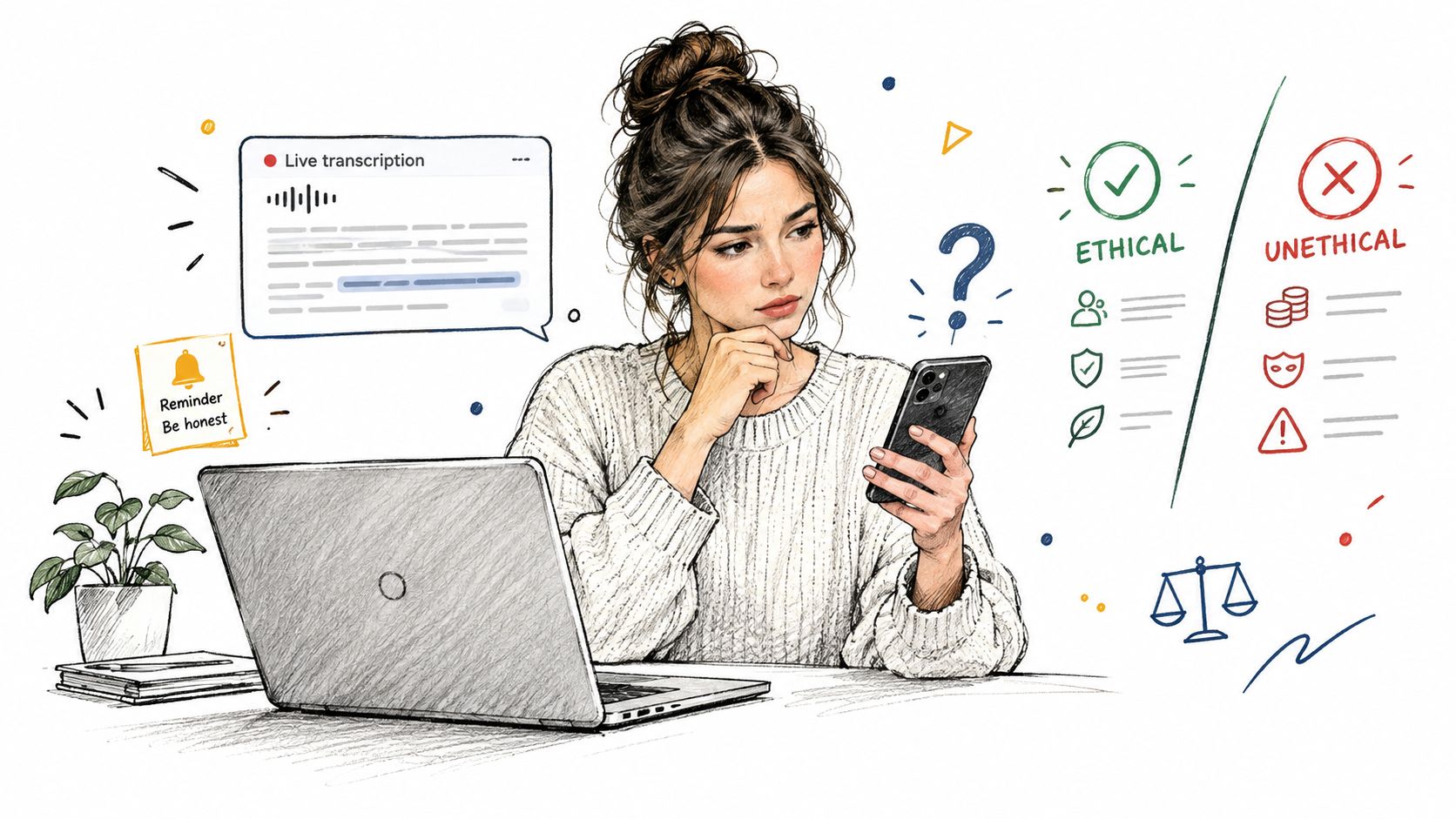 A thoughtful woman sits at a desk considering ethical practices while using an AI live transcription assistant.