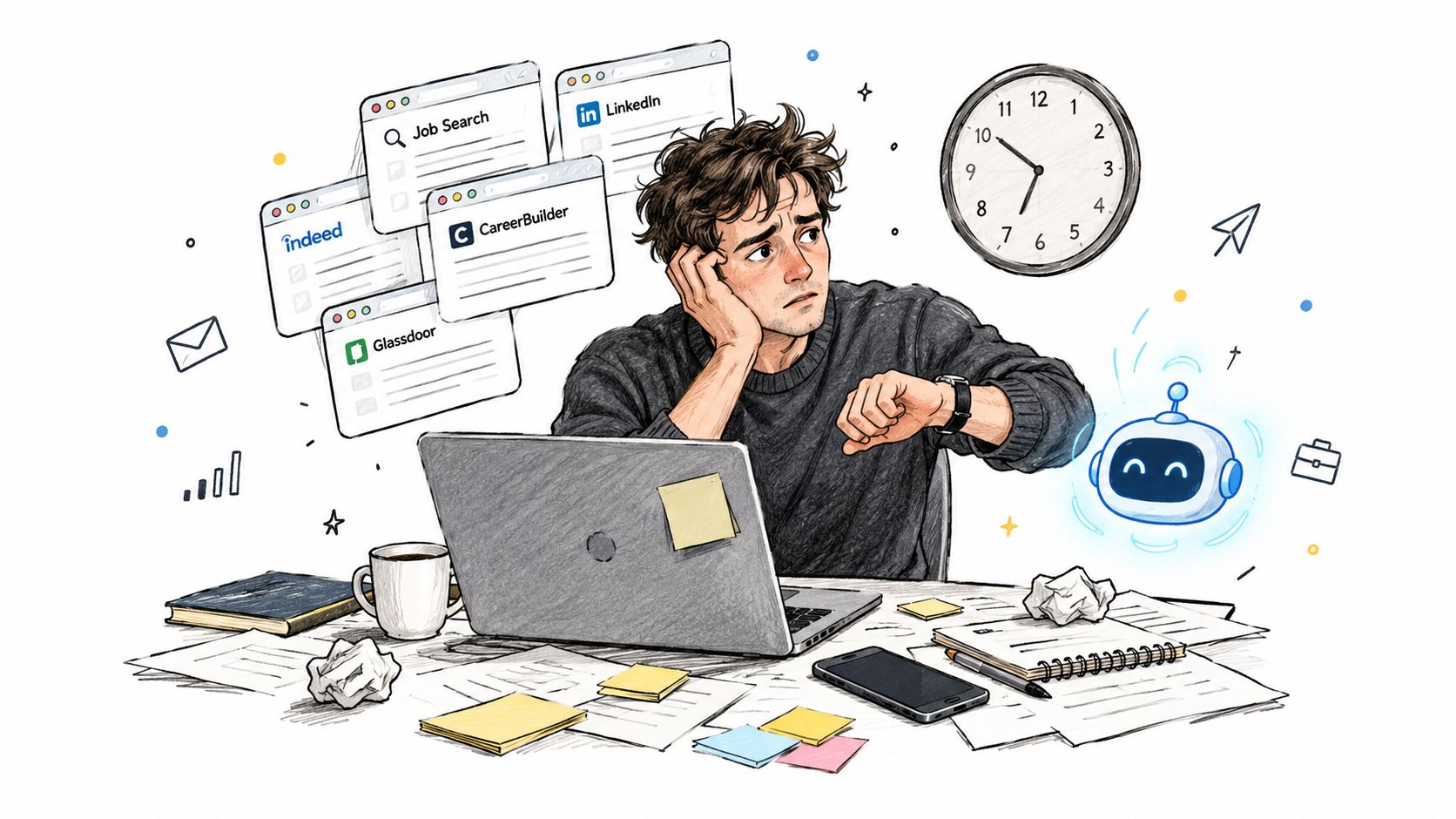 A stressed job seeker looks at their watch while surrounded by job search websites and an AI assistant.