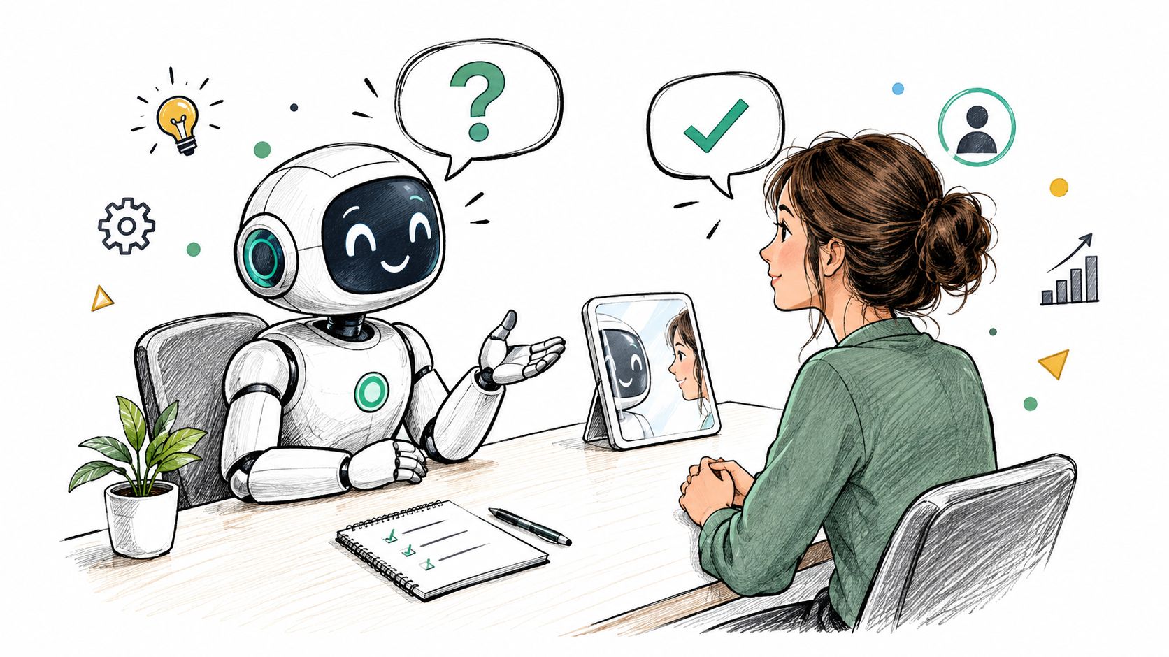A friendly white robot sitting at a desk interviewing a professional woman in a modern office setting.