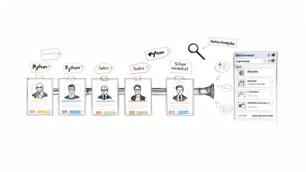 Illustration of an applicant tracking system, showing profiles filtered by skills like Python and Sales.