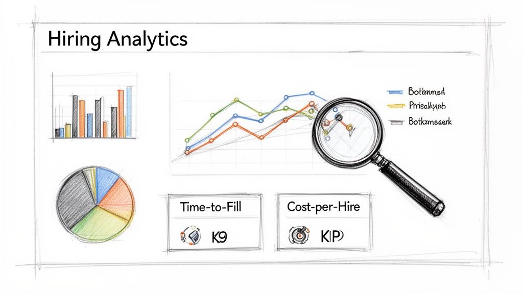 A dashboard displaying hiring analytics with various charts, time-to-fill, and cost-per-hire metrics.