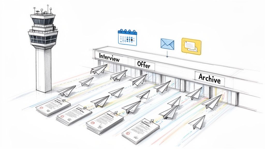 An airport control tower directs paper airplanes representing job applications through interview, offer, and archive stages.