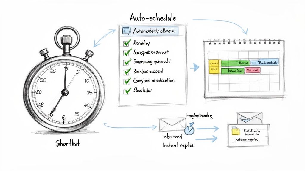 Hand-drawn diagram of a stopwatch, checklist, calendar, and email system illustrating auto-scheduling and instant replies.