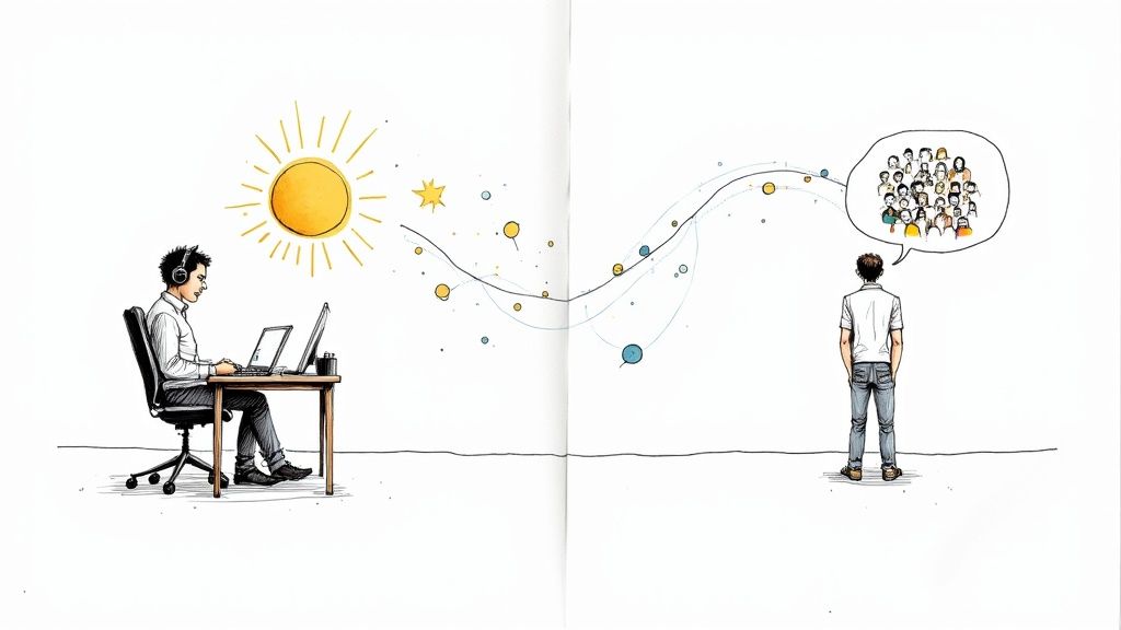 A remote worker creating ideas and connecting with a large, diverse online audience.