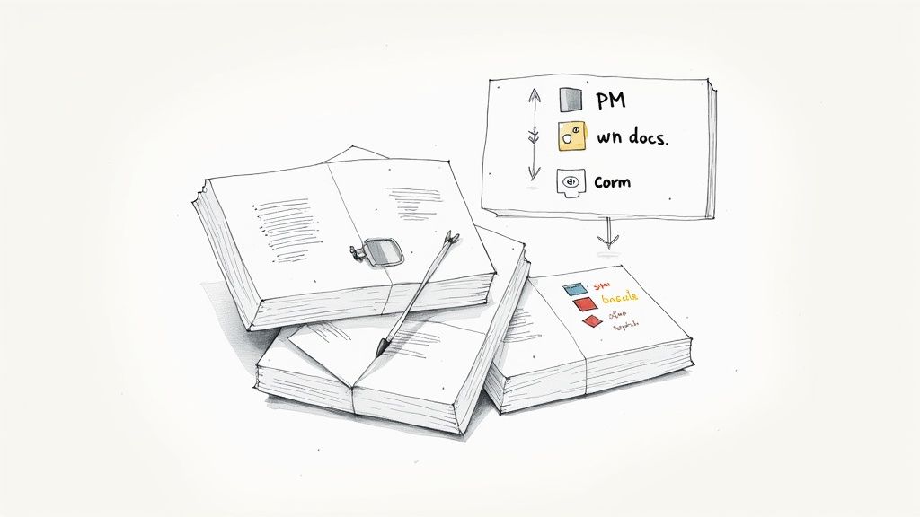 A hand-drawn sketch of stacked documents, a pen, and a diagram illustrating document workflow.