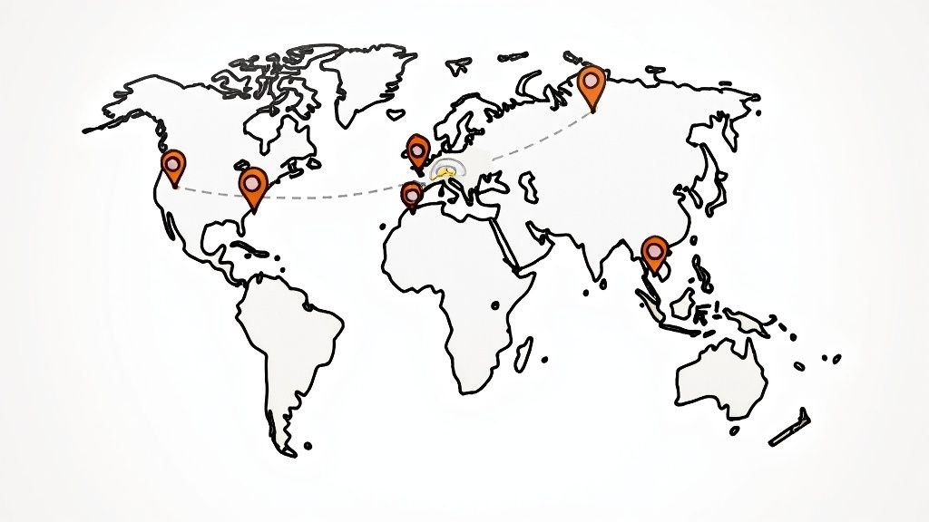 World map with pinpoints indicating global reach and interconnected remote work locations.